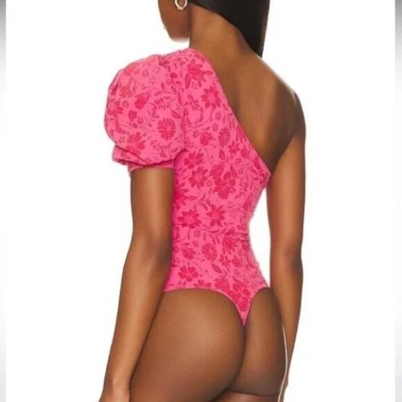 Free People NWT Somethin' Bout You Floral Bodysuit Hot Pink Puff Sleeve Small - Picture 4 of 5